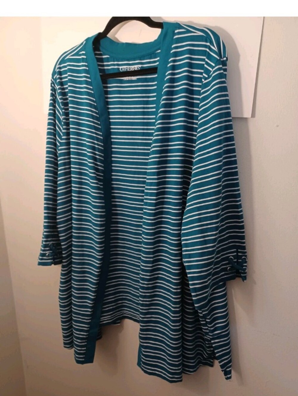 Catherines Teal and White Striped Open-Front Cardigan 4X